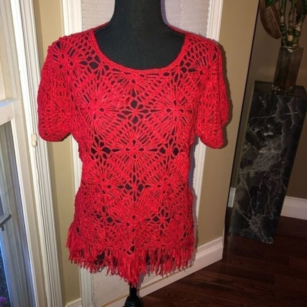 Chicoโs Crochetย Short Sleeve Blouse w/ Fringes